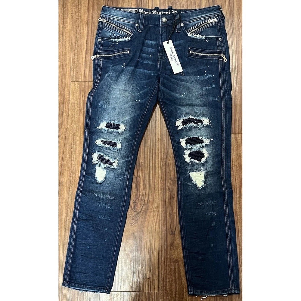 Rock Revival Moto Distressed Rip Zipper Vaclar Jeans‎ RR Motorcycle Biker 32x31